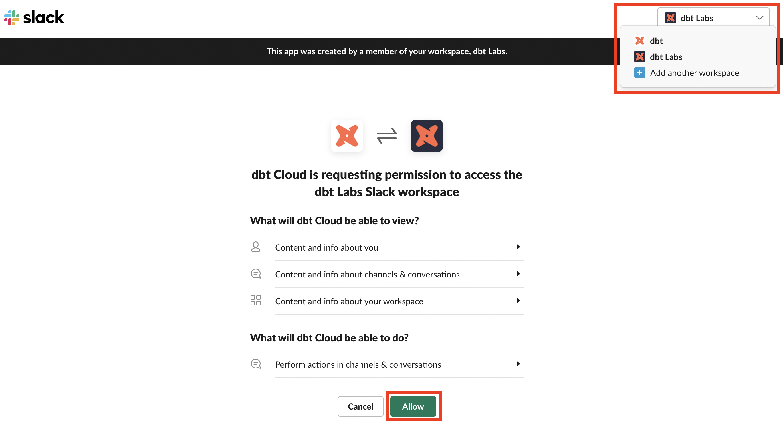 Allow dbt access to Slack Allow dbt access to Slack